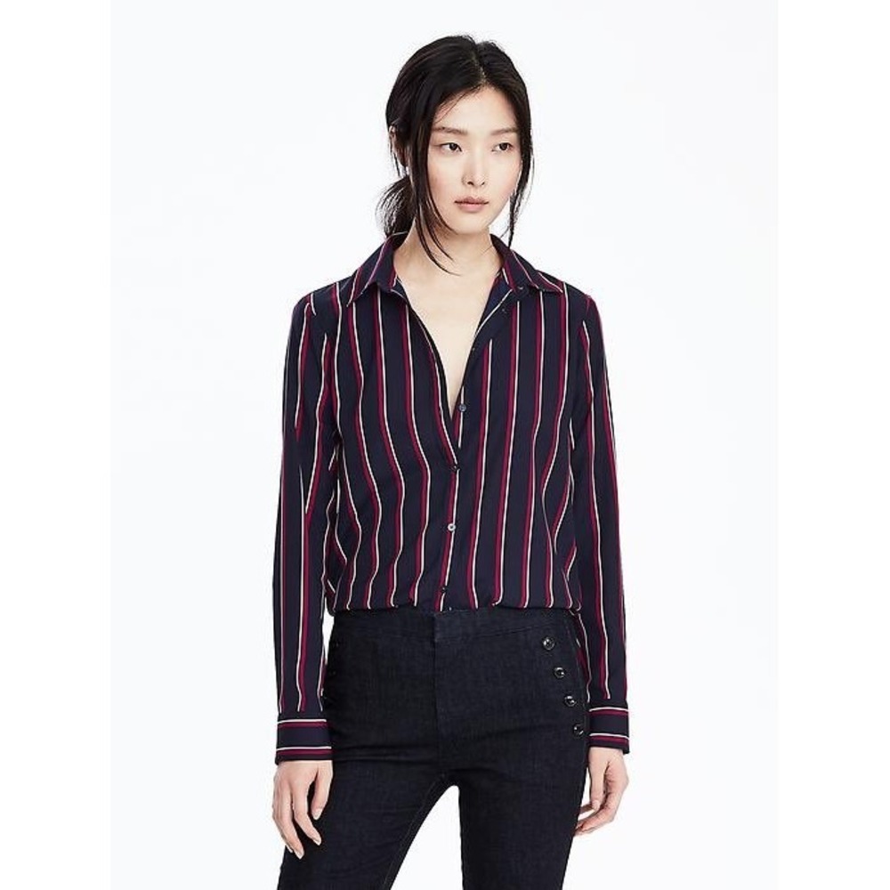 Banana Republic Dillon Shirt Navy Blue Red White Striped Button Down Petite XXS